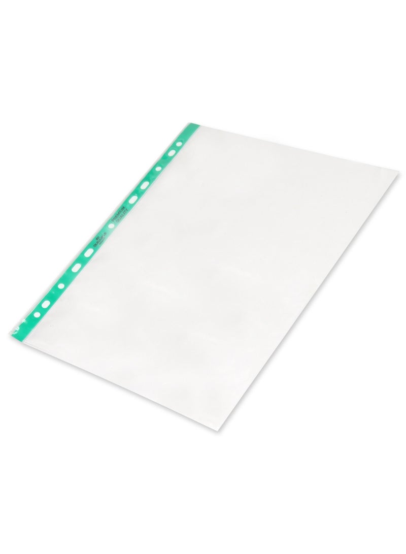 Durable punched pocket A4, open top, crystal clear, 90my, transparent with green perforated spine, 100 pieces - Image 2