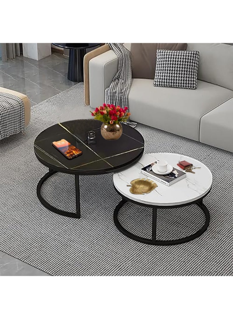 AGD Modern Nesting Round Coffee Table Set of 2 Pieces for Living Room Balcony Garden Etc, Round Coffee Table with Solid Metal Frame  - Image 1