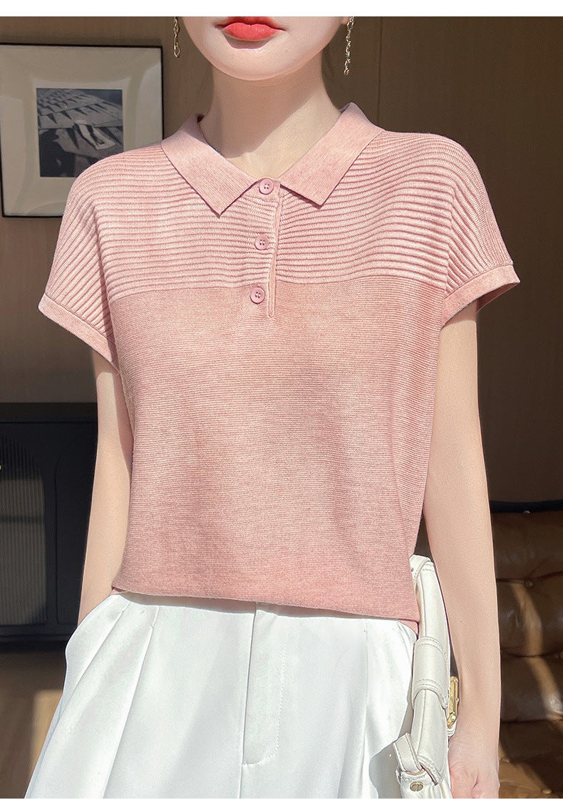 Polo Collar Wool Knitted Short-Sleeved Comfortable Casual Daily Style T-Shirt Spring And Arrival Lop Half-Sleeved Women'S Trendy - Image 1
