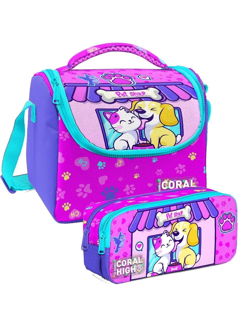 CORAL HIGH Cat Dog Patterned Girl Thermal Insulated Lunch Bag and Pencil Case Set  - Image 1