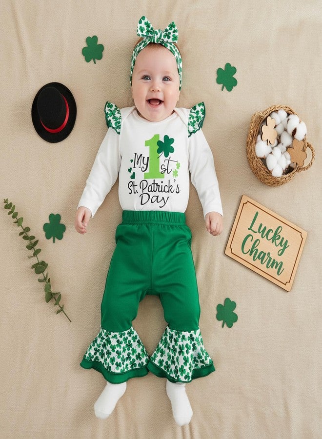 LouVasabuce My 1st St. Patricks Day Newborn Baby Girl Outfits Clothes Shamrock Romper Green Flare Pants Headband 3Pcs Set (White-B, 6-9 Months) - Image 2