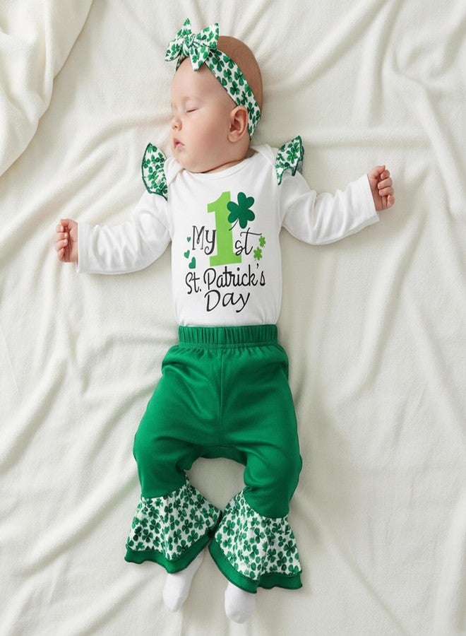 LouVasabuce My 1st St. Patricks Day Newborn Baby Girl Outfits Clothes Shamrock Romper Green Flare Pants Headband 3Pcs Set (White-B, 6-9 Months) - Image 5
