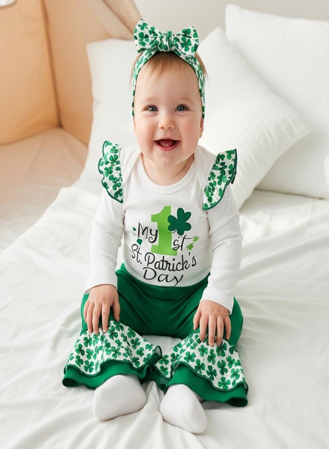 LouVasabuce My 1st St. Patricks Day Newborn Baby Girl Outfits Clothes Shamrock Romper Green Flare Pants Headband 3Pcs Set (White-B, 6-9 Months) - Image 4