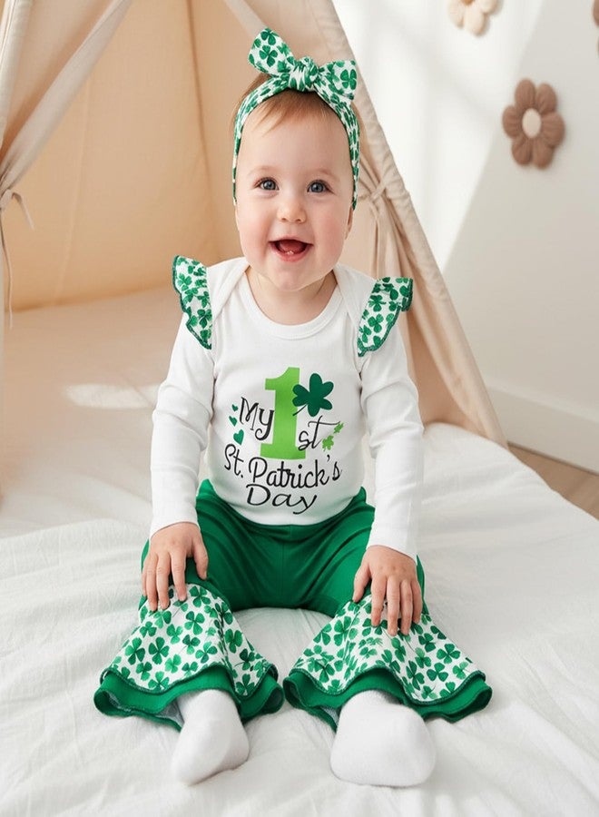 LouVasabuce My 1st St. Patricks Day Newborn Baby Girl Outfits Clothes Shamrock Romper Green Flare Pants Headband 3Pcs Set (White-B, 6-9 Months) - Image 3