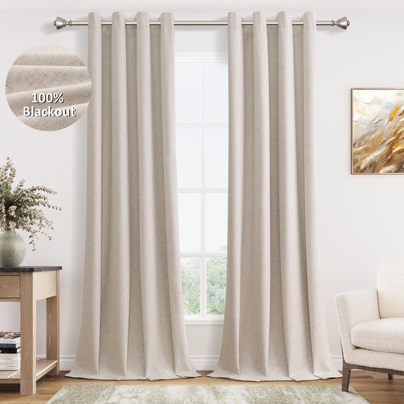 Jowels Oatmeal Linen Blackout Curtains 96 Length 2 Panels Set for Living Room Bedroom  100% Black Out Thermal Insulated Linen Drapes  Room Darkening Grommet Curtains 96 Inches Long - Image 1