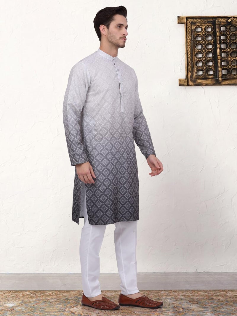 Jompers Men's Grey Ombre Printed Kurta Pyjama Set (Grey, XL) - Image 3