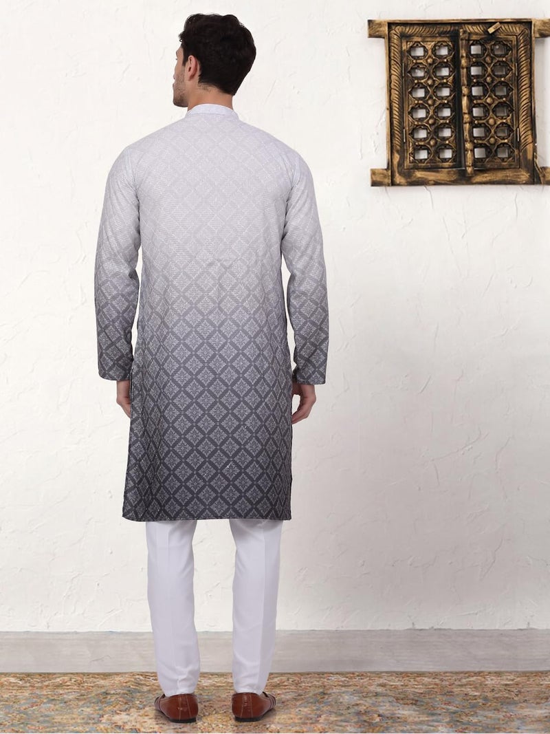 Jompers Men's Grey Ombre Printed Kurta Pyjama Set (Grey, XL) - Image 2