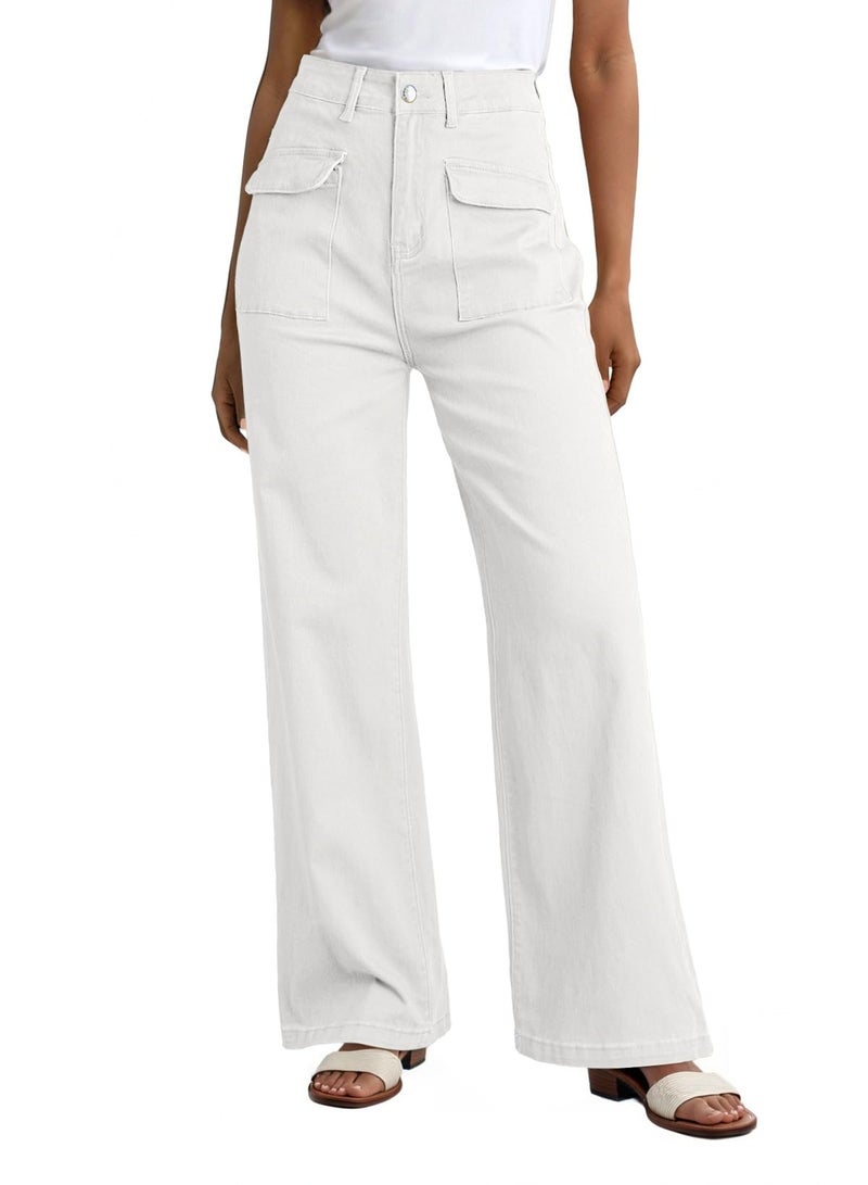 Dokotoo White Wide Leg Pants Cargo Jeans Women Baggy High Waisted Womens Pants Work Dress 2025 Casual Trendy Outfits Fashion Clothes Clothing Trousers Teacher Palazzo - Image 1