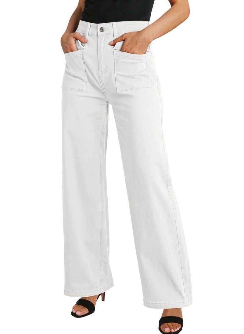 Dokotoo White Wide Leg Pants Cargo Jeans Women Baggy High Waisted Womens Pants Work Dress 2025 Casual Trendy Outfits Fashion Clothes Clothing Trousers Teacher Palazzo - Image 2
