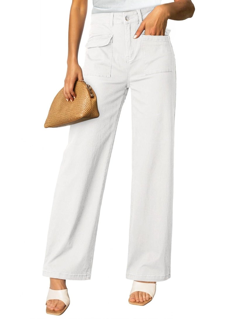 Dokotoo White Wide Leg Pants Cargo Jeans Women Baggy High Waisted Womens Pants Work Dress 2025 Casual Trendy Outfits Fashion Clothes Clothing Trousers Teacher Palazzo - Image 4