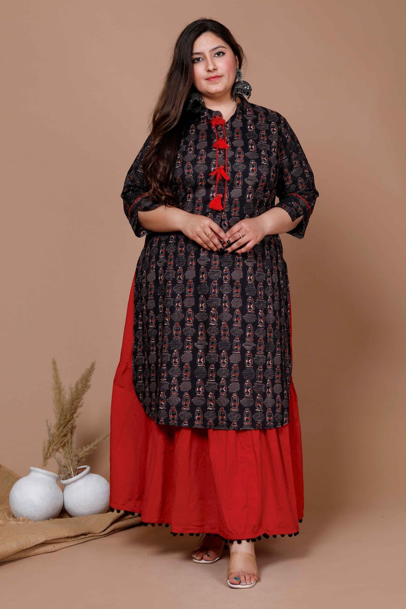 Miravan Womens Plus Size Cotton Floral Printed Straight Kurta And Lace Detailing Solid Skirt Set - Image 1