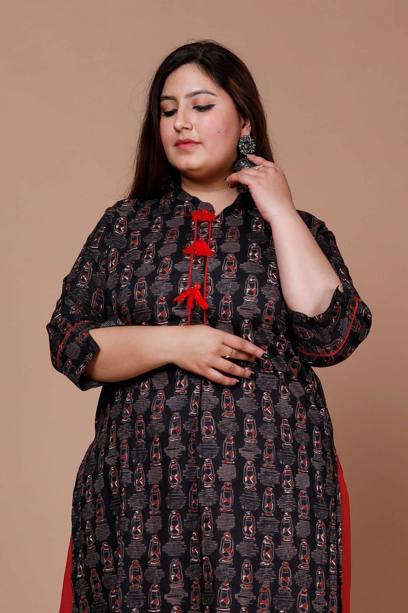 Miravan Womens Plus Size Cotton Floral Printed Straight Kurta And Lace Detailing Solid Skirt Set - Image 4
