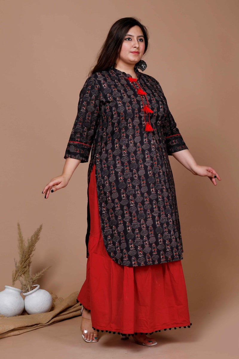 Miravan Womens Plus Size Cotton Floral Printed Straight Kurta And Lace Detailing Solid Skirt Set - Image 2