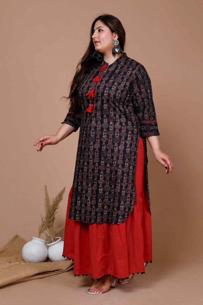 Miravan Womens Plus Size Cotton Floral Printed Straight Kurta And Lace Detailing Solid Skirt Set - Image 3