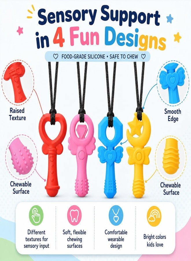 Fetinar Chew Necklaces for Sensory Kids Girls, 4 Pack Silicone Sensory Chew Necklace for Autism ADHD SPD, Cute Magic Wand Chewelry for Anxiety Relief, Oral Motor Fidget Toys for Moderate Chewers - Image 3