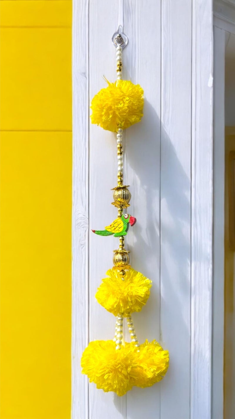 Smaran Artificial Marigold Flowers and Parrot Door Hanging, Toran with Golden White Beads Traditional Door Hanging Latkan for Door, Wall Hanging, Home Decor, Pooja Room, Latkan for Festival Decoration - Image 1