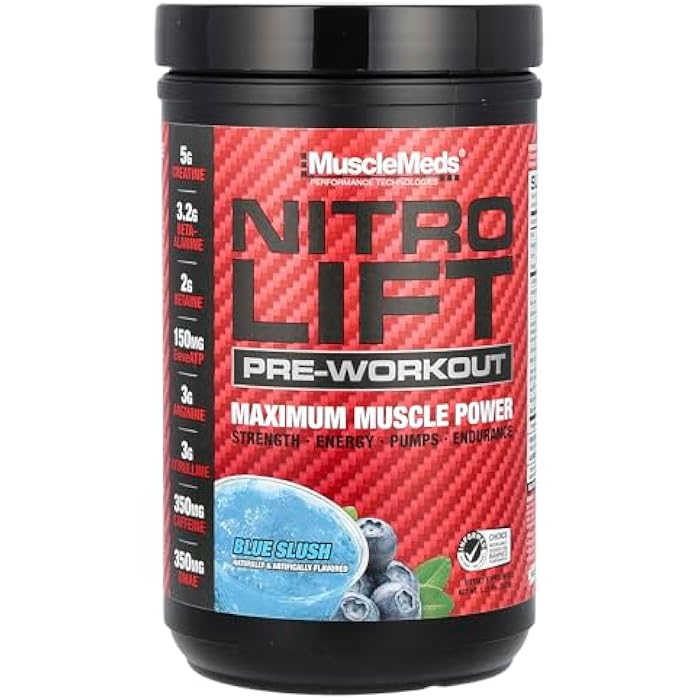 MuscleMeds Nitro Lift Pre Workout Enhance Endurance and Muscle Performance, Blue Slush, 40 Servings - Image 1