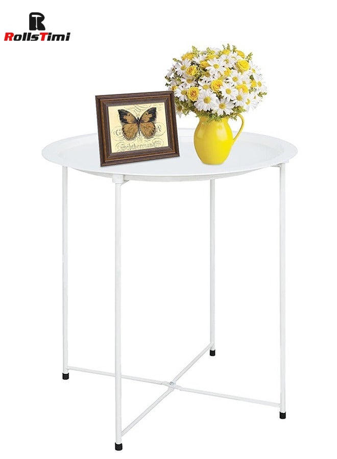 رولستيمي صينية معدنية طاولة جانبية أريكة طاولة صغيرة مستديرة نهاية الجداول مع صينية مستديرة قابلة للإزالة طاولة القهوة المستديرة للخارجية أو في الأماكن المغلقة الأبيض - Image 1