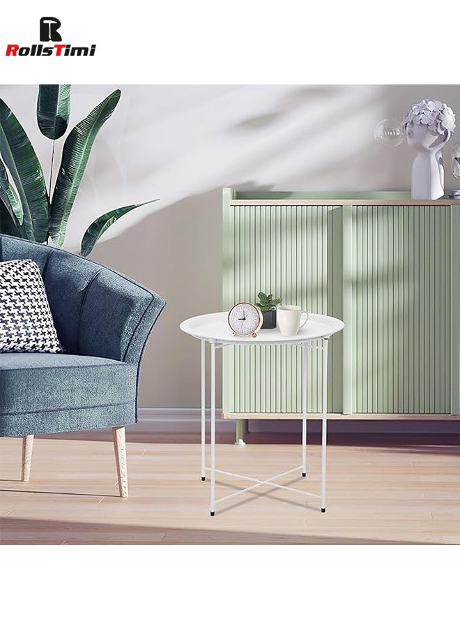 رولستيمي صينية معدنية طاولة جانبية أريكة طاولة صغيرة مستديرة نهاية الجداول مع صينية مستديرة قابلة للإزالة طاولة القهوة المستديرة للخارجية أو في الأماكن المغلقة الأبيض - Image 3