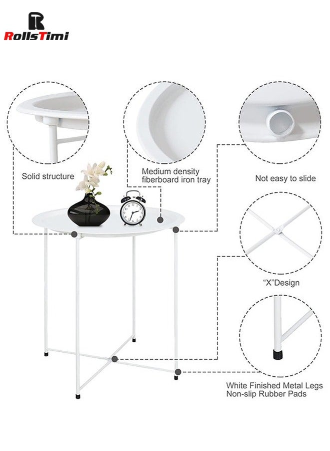 رولستيمي صينية معدنية طاولة جانبية أريكة طاولة صغيرة مستديرة نهاية الجداول مع صينية مستديرة قابلة للإزالة طاولة القهوة المستديرة للخارجية أو في الأماكن المغلقة الأبيض - Image 5