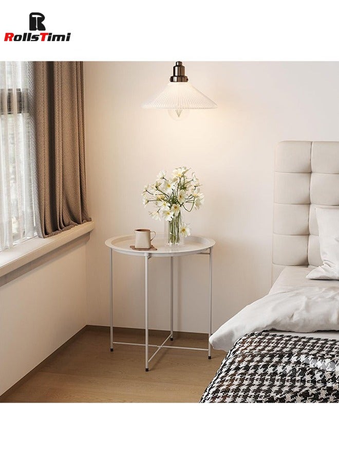 رولستيمي صينية معدنية طاولة جانبية أريكة طاولة صغيرة مستديرة نهاية الجداول مع صينية مستديرة قابلة للإزالة طاولة القهوة المستديرة للخارجية أو في الأماكن المغلقة الأبيض - Image 2