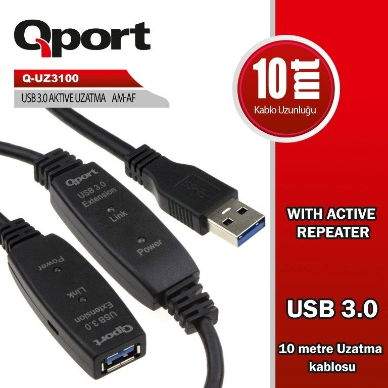 Q-UZ3100 USB 3.0 10 Meter Active Extension Cable with Repeater