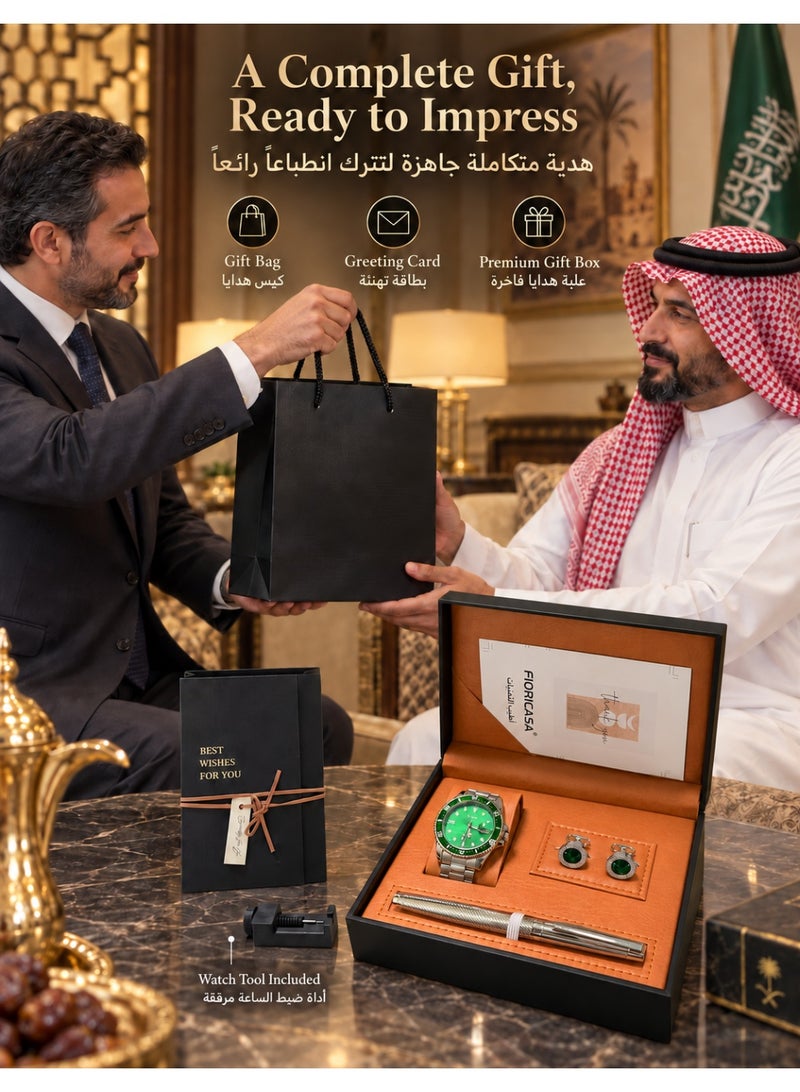 فوريكاسا طقم هدايا رجالي فاخر من FIORICASA مع ساعة وقلم وأزرار أكمام وعلبة هدايا فاخرة وحقيبة هدايا وبطاقة تهنئة - Image 2