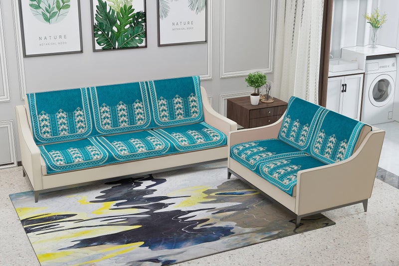 Nendle Luxurious Soft Velvet Abstract Design Sofa Cover 3 Seater and 2 Seater Slipcover Protector for L Shape Sofa Cover 5 Seater (Pack of 4, Sky Blue) - Image 1