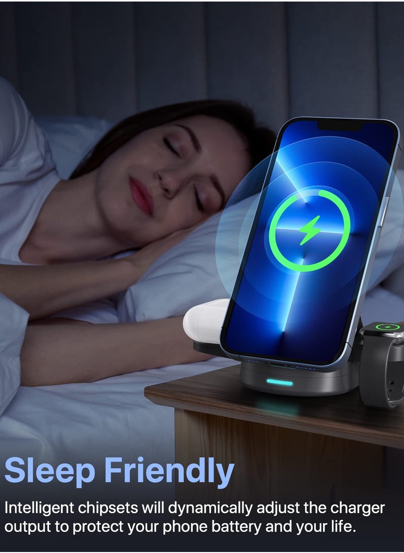 Excefore - Magnetic Wireless Charger, 3 in 1 Foldable Wireless Charger Station, 15W Fast Charging Dock Stand for MagSafe iPhone 14/13/13 Pro/13 Pro Max/12 mini/12/12 Pro/iWatch 6/5/4/3/2/Airpods 2/Pro - Image 1