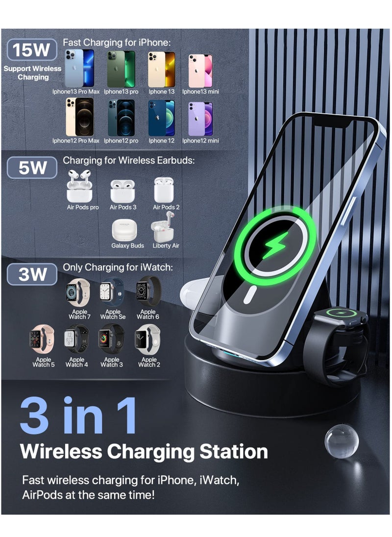 Excefore - Magnetic Wireless Charger, 3 in 1 Foldable Wireless Charger Station, 15W Fast Charging Dock Stand for MagSafe iPhone 14/13/13 Pro/13 Pro Max/12 mini/12/12 Pro/iWatch 6/5/4/3/2/Airpods 2/Pro - Image 1