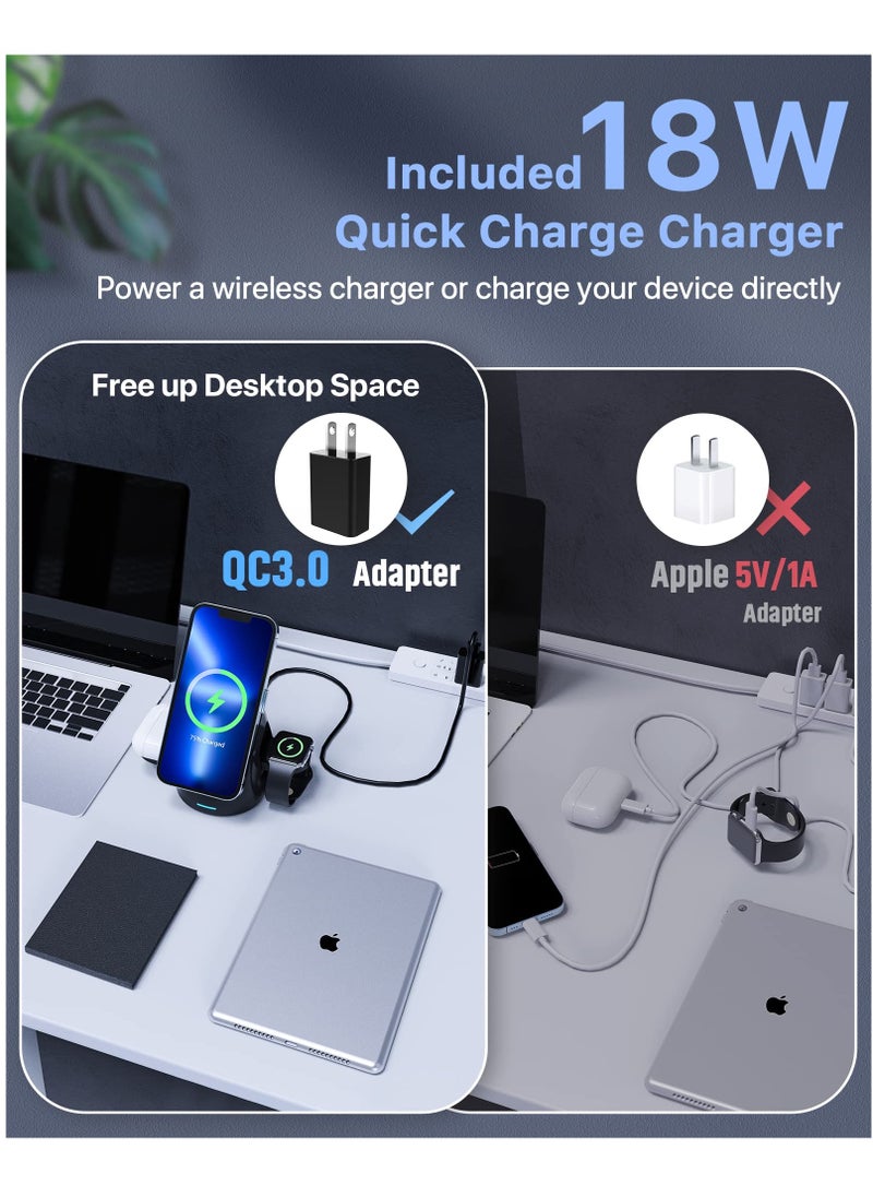 Excefore - Magnetic Wireless Charger, 3 in 1 Foldable Wireless Charger Station, 15W Fast Charging Dock Stand for MagSafe iPhone 14/13/13 Pro/13 Pro Max/12 mini/12/12 Pro/iWatch 6/5/4/3/2/Airpods 2/Pro - Image 1