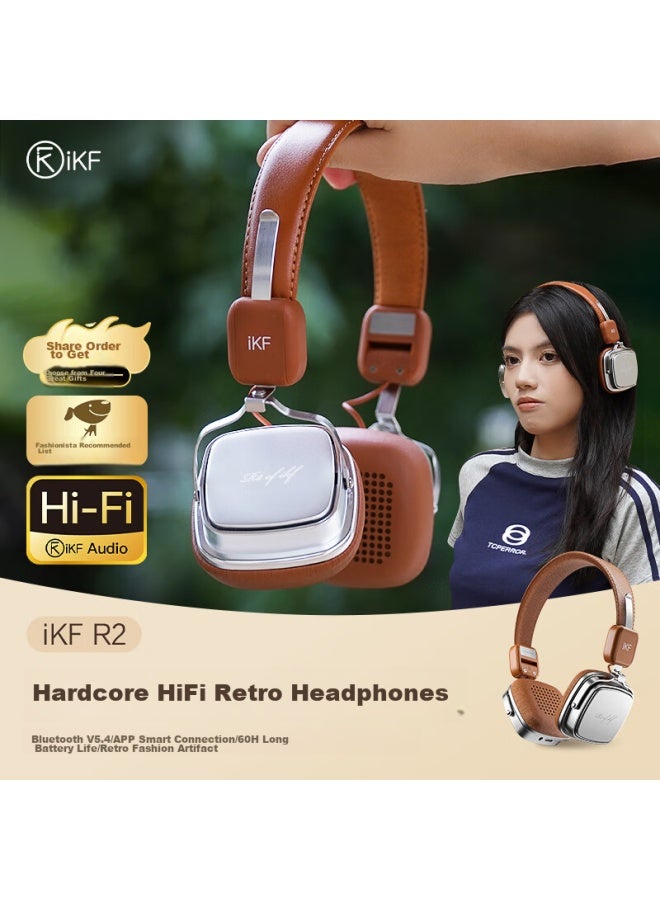 Ikf R2 Retro Headphones Bluetooth Wireless Trendy Little Red Book Hot Girl Photo Shoot Small Head Lightweight Meridian Wind American Korean Style Earphones Silver Brown - Image 1
