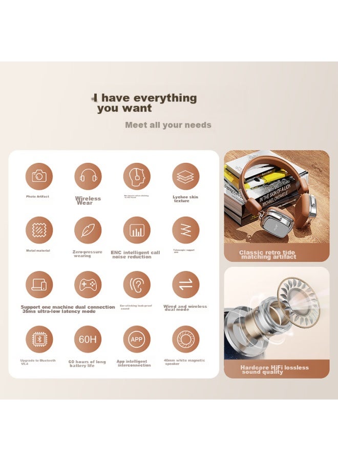 Ikf R2 Retro Headphones Bluetooth Wireless Trendy Little Red Book Hot Girl Photo Shoot Small Head Lightweight Meridian Wind American Korean Style Earphones Silver Brown - Image 2