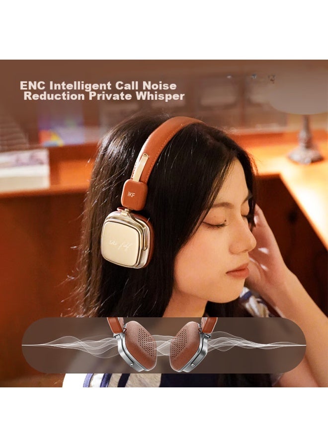 Ikf R2 Retro Headphones Bluetooth Wireless Trendy Little Red Book Hot Girl Photo Shoot Small Head Lightweight Meridian Wind American Korean Style Earphones Silver Brown - Image 5