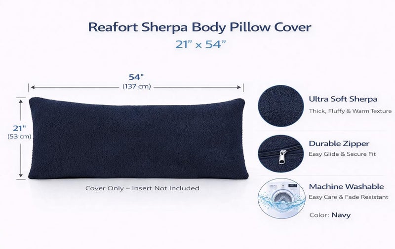 Reafort Ultra Soft Sherpa Body Pillow Cover/Case with Zipper Closure 21"x54" (21"x54" Body Pillow Cover, Navy) - Image 2