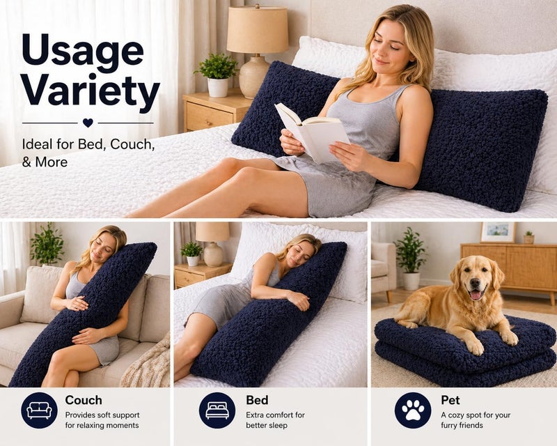 Reafort Ultra Soft Sherpa Body Pillow Cover/Case with Zipper Closure 21"x54" (21"x54" Body Pillow Cover, Navy) - Image 5