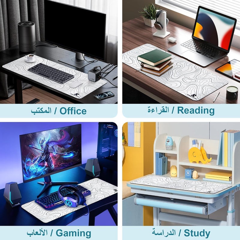 روك بو لوحة ماوس ألعاب كبيرة بسطح مضاد للانزلاق، 400 × 900 × 4 مم، قاعدة مطاطية سميكة مع حواف مخيطة مصممة للفأرة ولوحة المفاتيح، مناسبة للألعاب في المنزل والمكتب، باللون الأبيض - Image 2