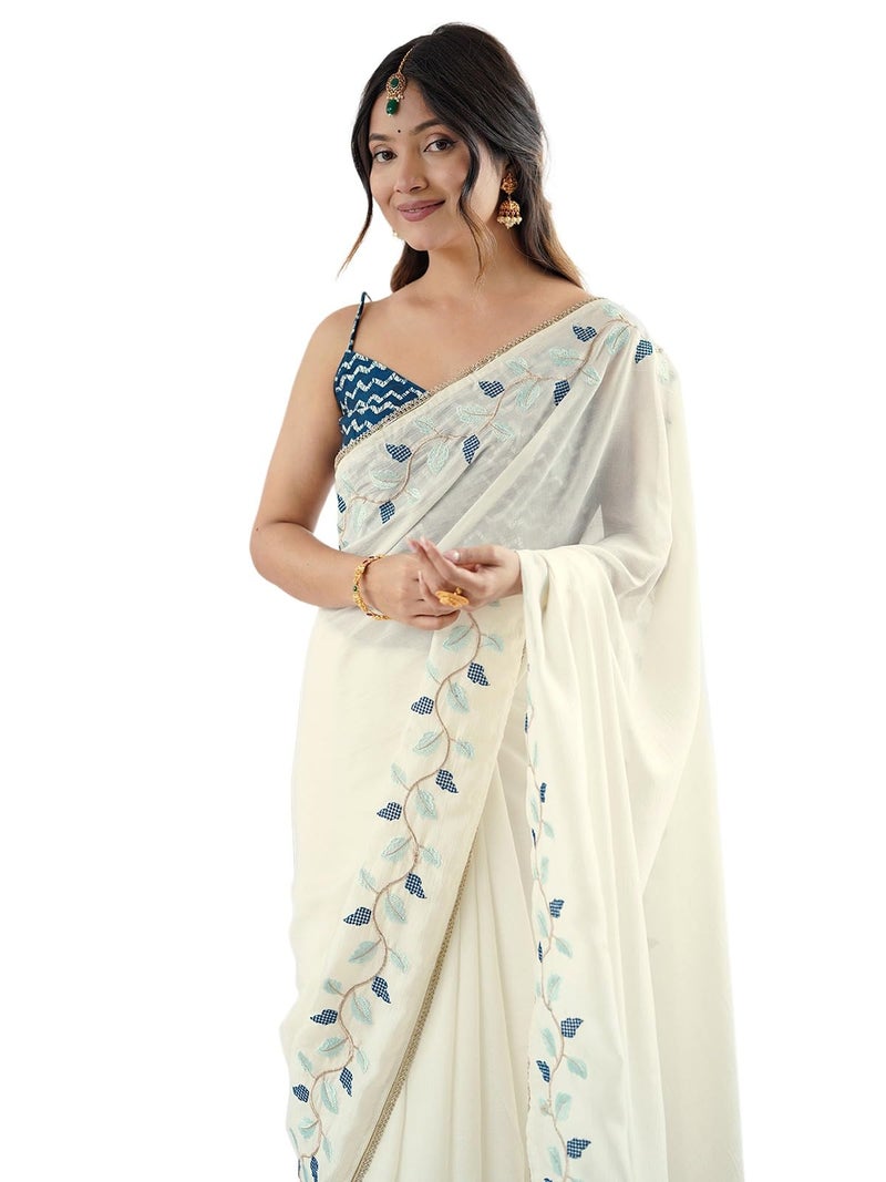 Satrani Women's Silk Embroidery Saree with Unstitched Blouse Piece (4771S216N_Off-White2) - Image 1