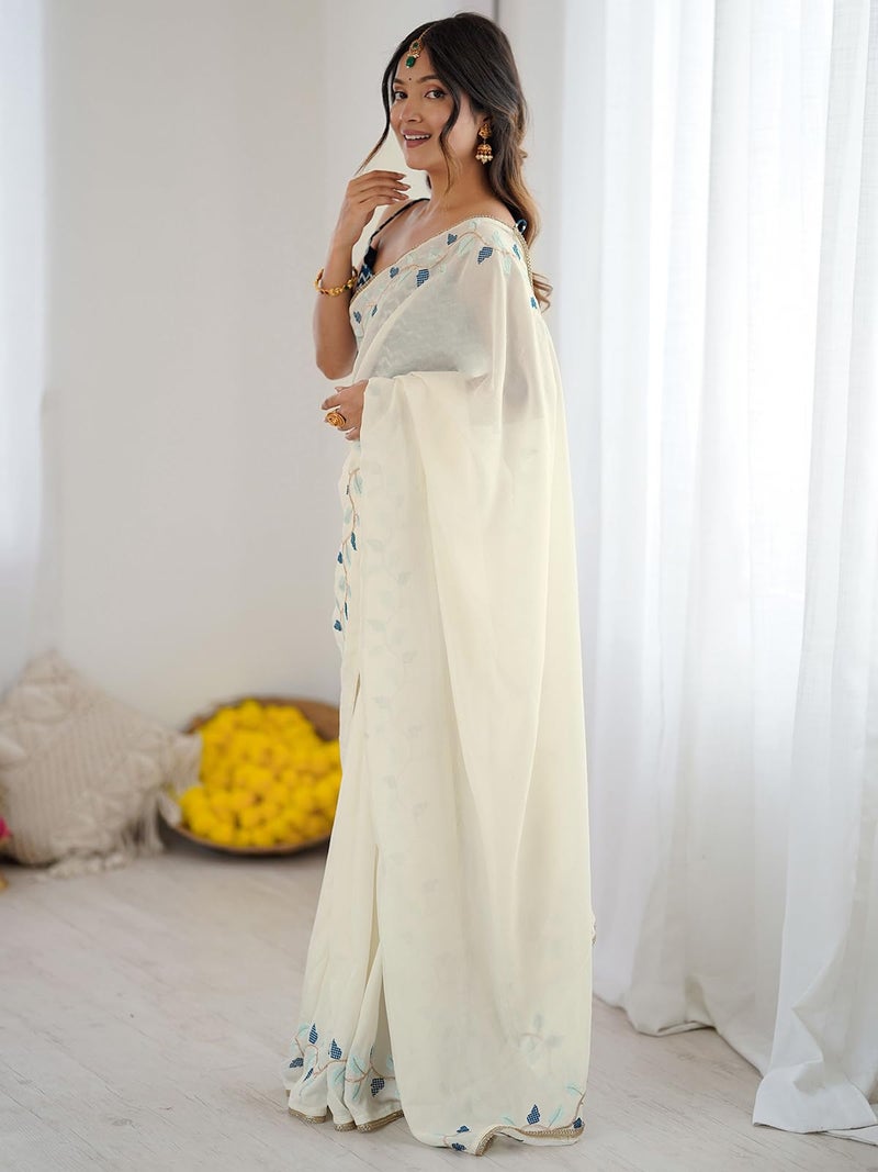 Satrani Women's Silk Embroidery Saree with Unstitched Blouse Piece (4771S216N_Off-White2) - Image 2