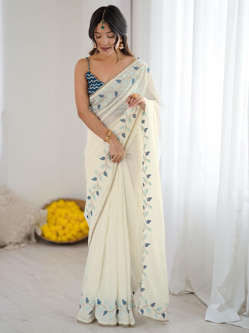 Satrani Women's Silk Embroidery Saree with Unstitched Blouse Piece (4771S216N_Off-White2) - Image 3