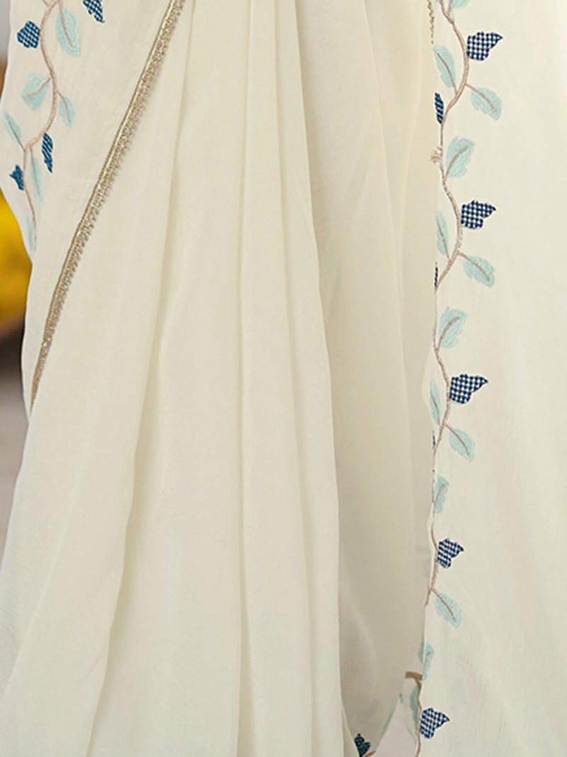 Satrani Women's Silk Embroidery Saree with Unstitched Blouse Piece (4771S216N_Off-White2) - Image 5