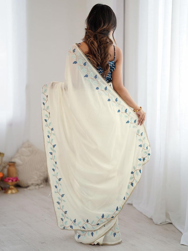 Satrani Women's Silk Embroidery Saree with Unstitched Blouse Piece (4771S216N_Off-White2) - Image 4