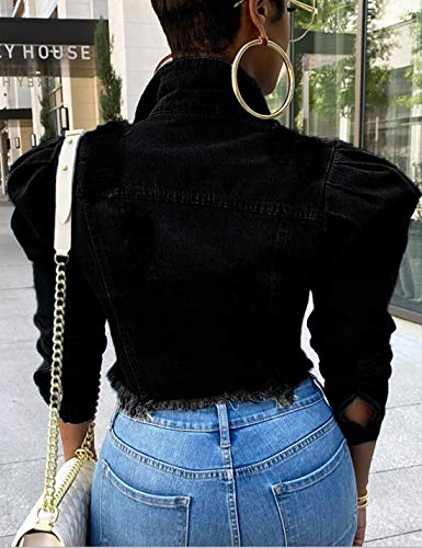 Omoone جاكيت جينز نسائي بأكمام منتفخة ممزقة من أومون (1676-أسود-L) - Image 2