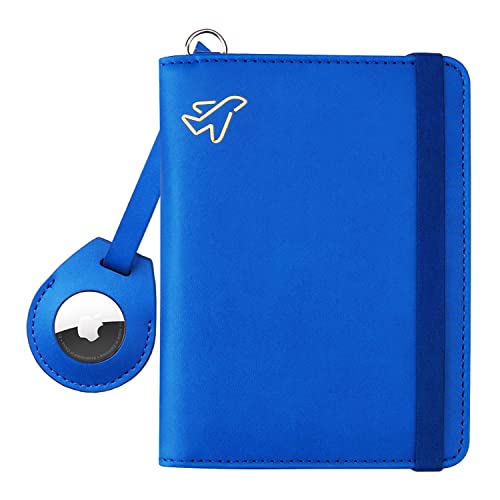 WALNEW AirTag Passport Holder, PU Leather Airtag Wallet RFID Blocking Passport Cover Travel Essentials Case for Women Men (Blue) - Image 1