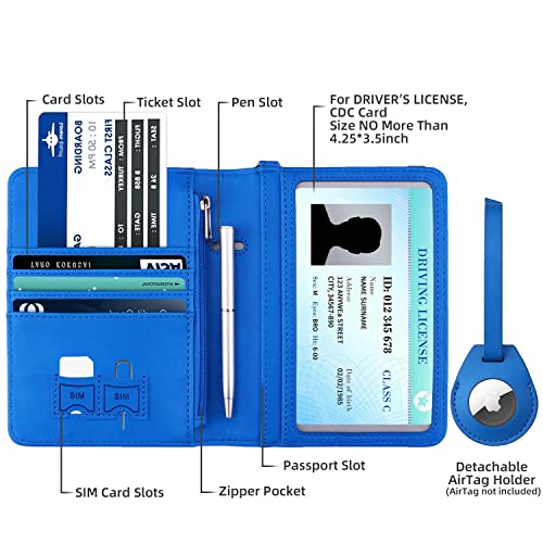 WALNEW AirTag Passport Holder, PU Leather Airtag Wallet RFID Blocking Passport Cover Travel Essentials Case for Women Men (Blue) - Image 2