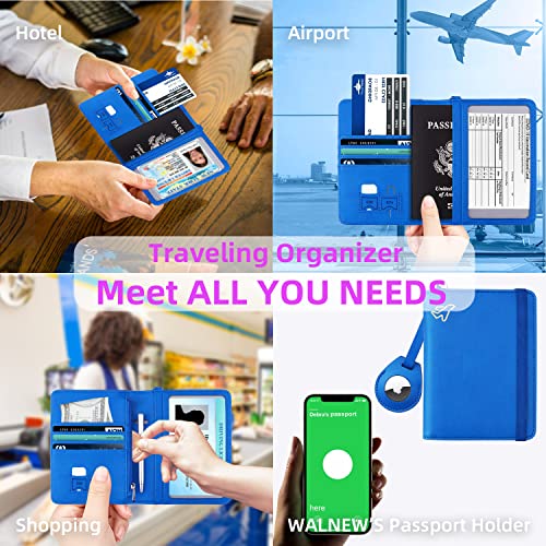 WALNEW AirTag Passport Holder, PU Leather Airtag Wallet RFID Blocking Passport Cover Travel Essentials Case for Women Men (Blue) - Image 3
