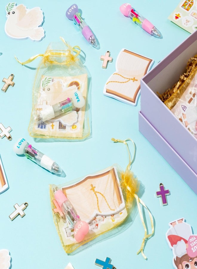 CY2SIDE Religious Stationery Party Gift - 12 Pack Christian Stationery Gift Set Include 4-in-1 Ballpoint Pen Sticky Note Sticker Cross Keychain and Organza Bible School Christmas Goodie Bag Fillers - Image 5