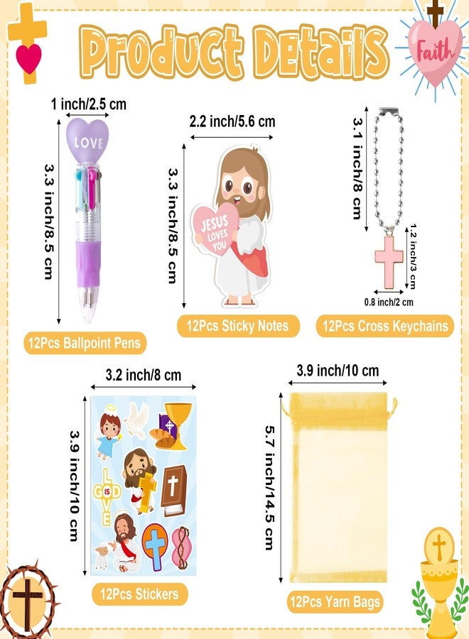 CY2SIDE Religious Stationery Party Gift - 12 Pack Christian Stationery Gift Set Include 4-in-1 Ballpoint Pen Sticky Note Sticker Cross Keychain and Organza Bible School Christmas Goodie Bag Fillers - Image 2