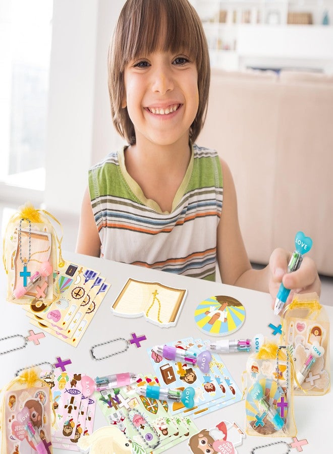 CY2SIDE Religious Stationery Party Gift - 12 Pack Christian Stationery Gift Set Include 4-in-1 Ballpoint Pen Sticky Note Sticker Cross Keychain and Organza Bible School Christmas Goodie Bag Fillers - Image 4