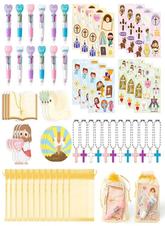 CY2SIDE Religious Stationery Party Gift - 12 Pack Christian Stationery Gift Set Include 4-in-1 Ballpoint Pen Sticky Note Sticker Cross Keychain and Organza Bible School Christmas Goodie Bag Fillers - Image 1